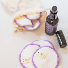10 Reusable Bamboo Cotton Rounds with washable meshbag and Sleepy Spritzzz... Facial Toner on counter