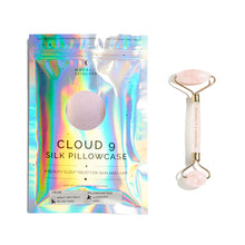 Cloud 9 Silk Pillowcase packaging and Rose Quartz Facial Roller Tool on white background