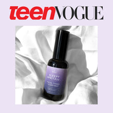 Moonlit Skincare Sleepy Spritzzz facial toner and sleepy pillow mist on purple background with Teen Vogue title