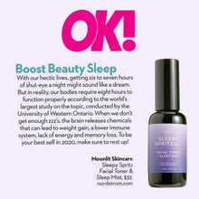 Moonlit Skincare Sleepy Spritzzz facial toner and sleepy pillow mist with facts on boosting beauty sleep